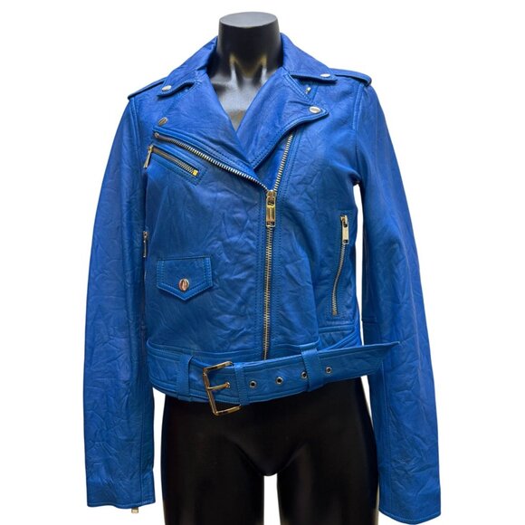 Michael Kors Blue Lambskin Leather Jacket S - Picture 1 of 9